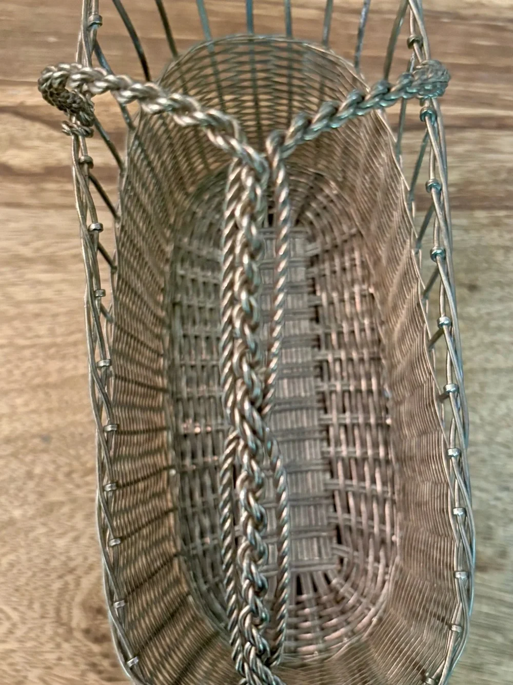 VINTAGE MCM SILVER WIRE WOVEN BASKET WINE CARRIER CADDY METAL